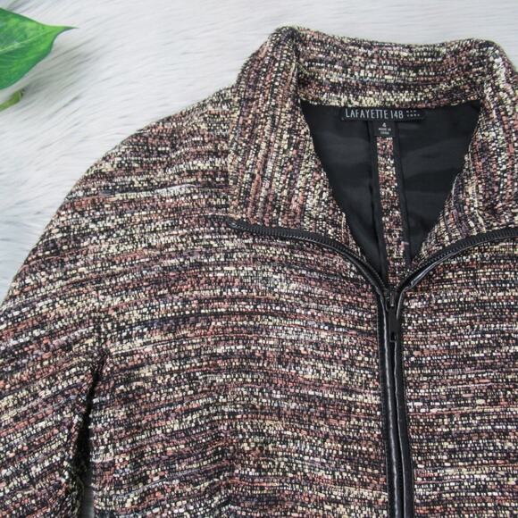 LAFAYETTE 148 NY Brown Tweed Zip Front Evening Jacket Faux Leather Trim Size 4 - Picture 6 of 12